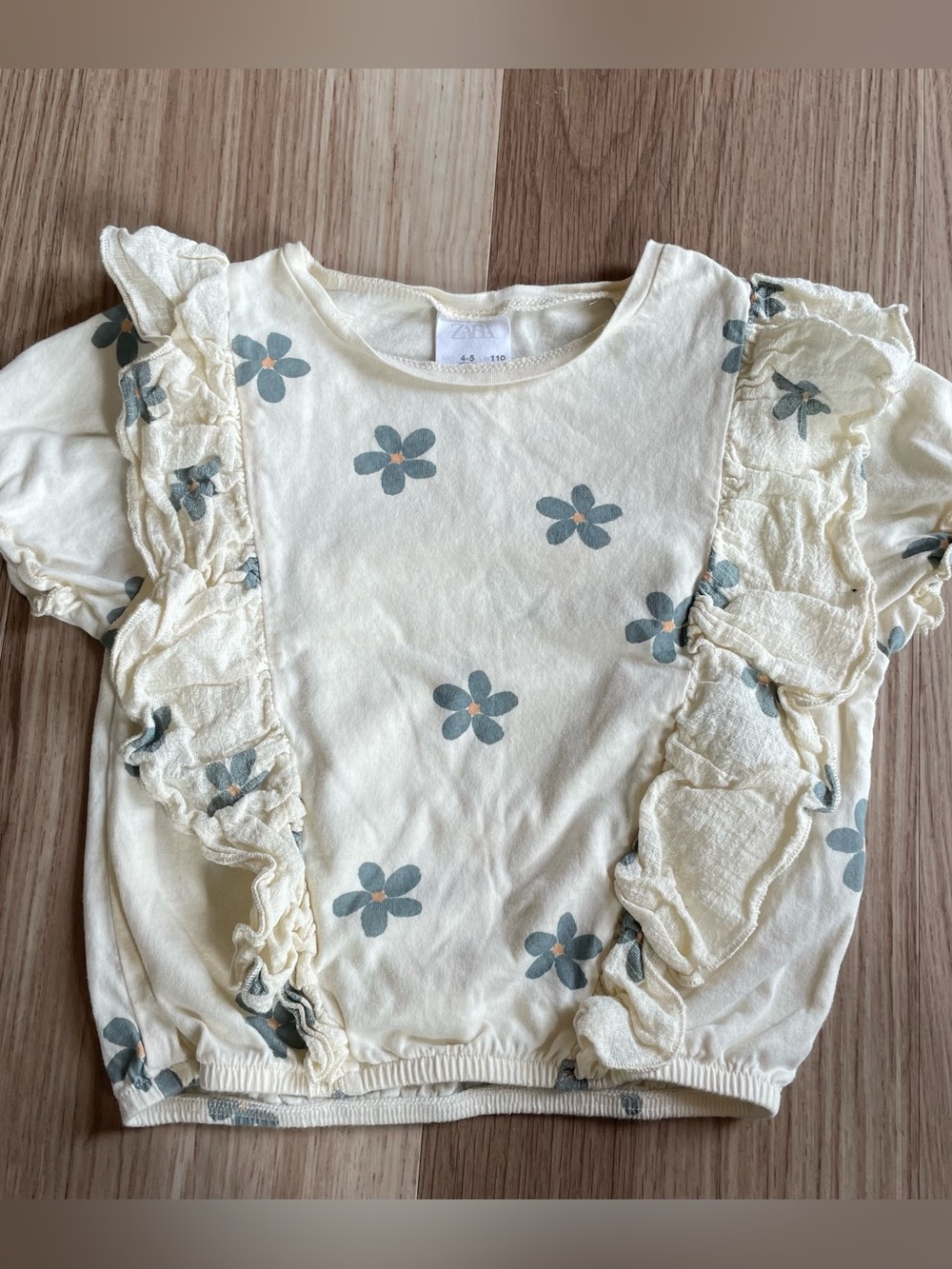 Zara Girls 4-5 Yr Ivory/Blue Floral Ruffle Short Puff Sleeve Cotton T-Shirt Cute